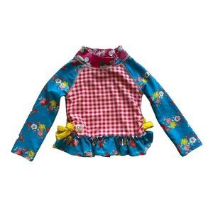 12M Wildflowers Pink & White Checkered + Blue Flower Print Swim Top Rashguard